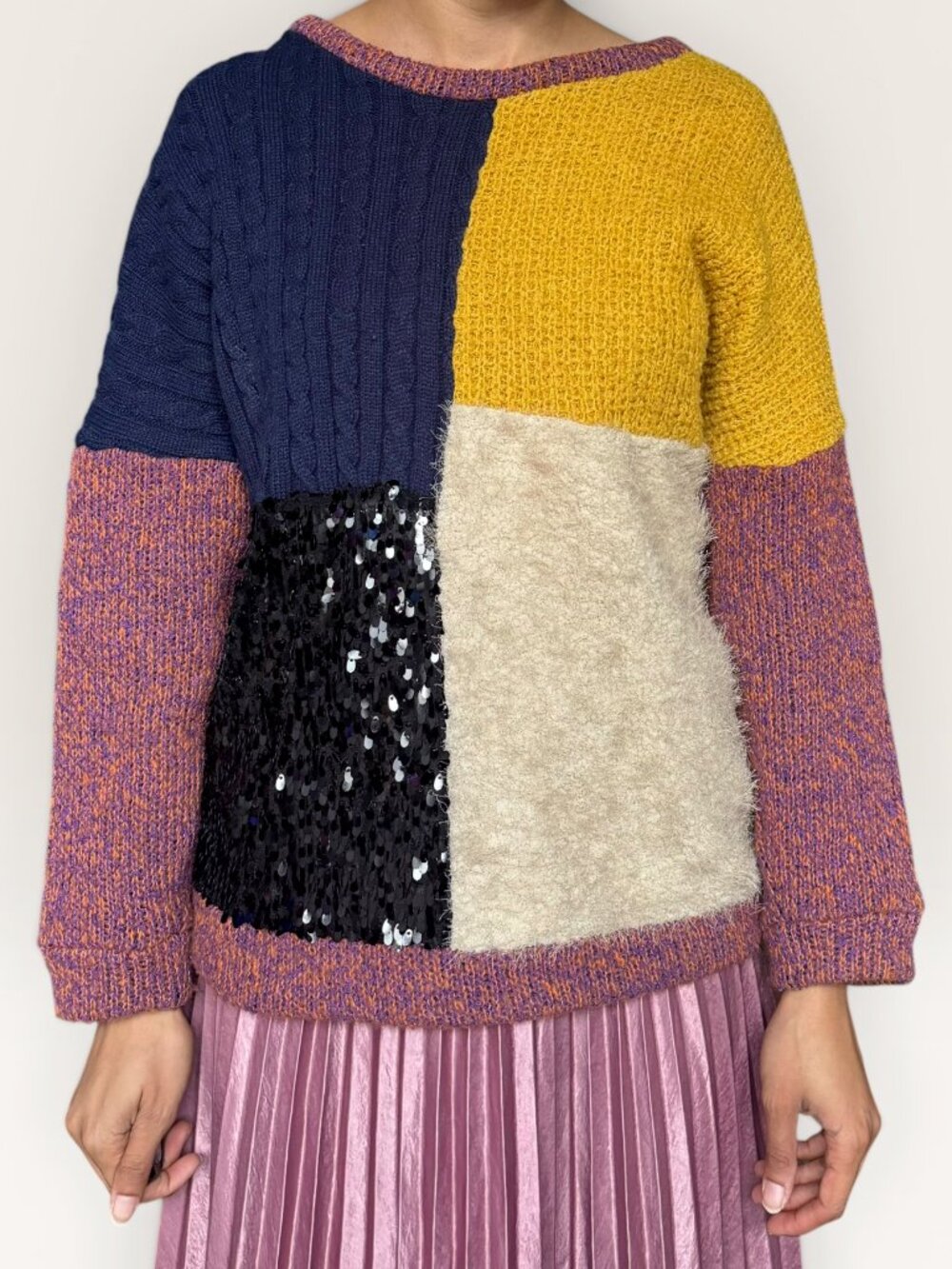 Wonderment Colorblock Patchwork Sequin Sweater Large Textured Knit Oversized Boh